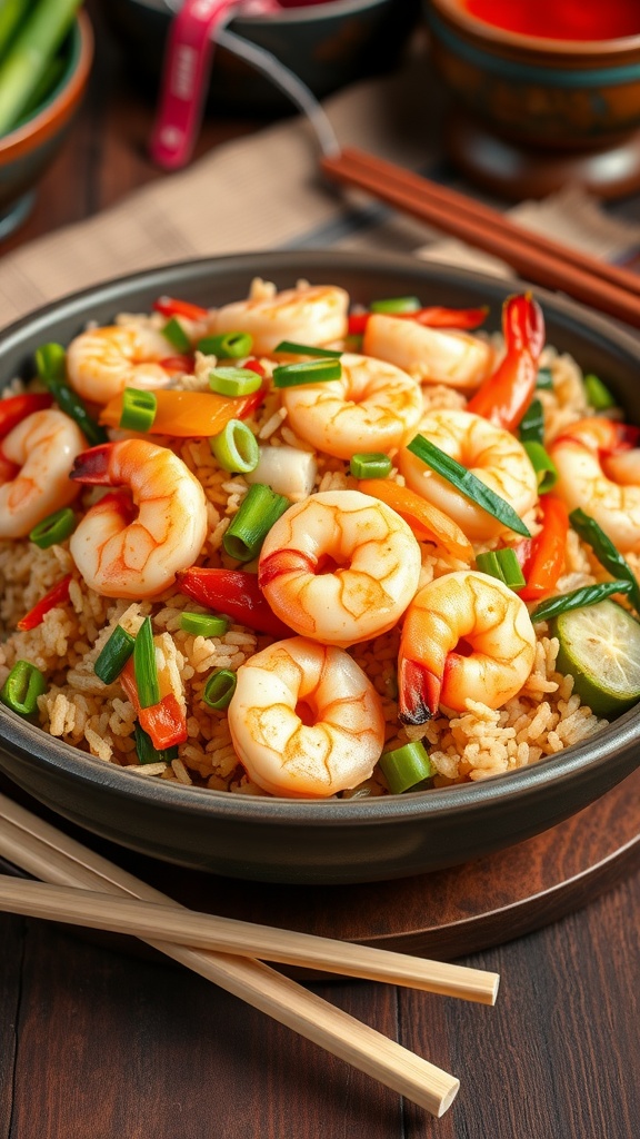 A colorful plate of shrimp fried rice with shrimp, vegetables, and rice, garnished with green onions.